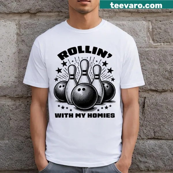 Funny bowling graphic T-shirt featuring cartoonish bowling ball and pins