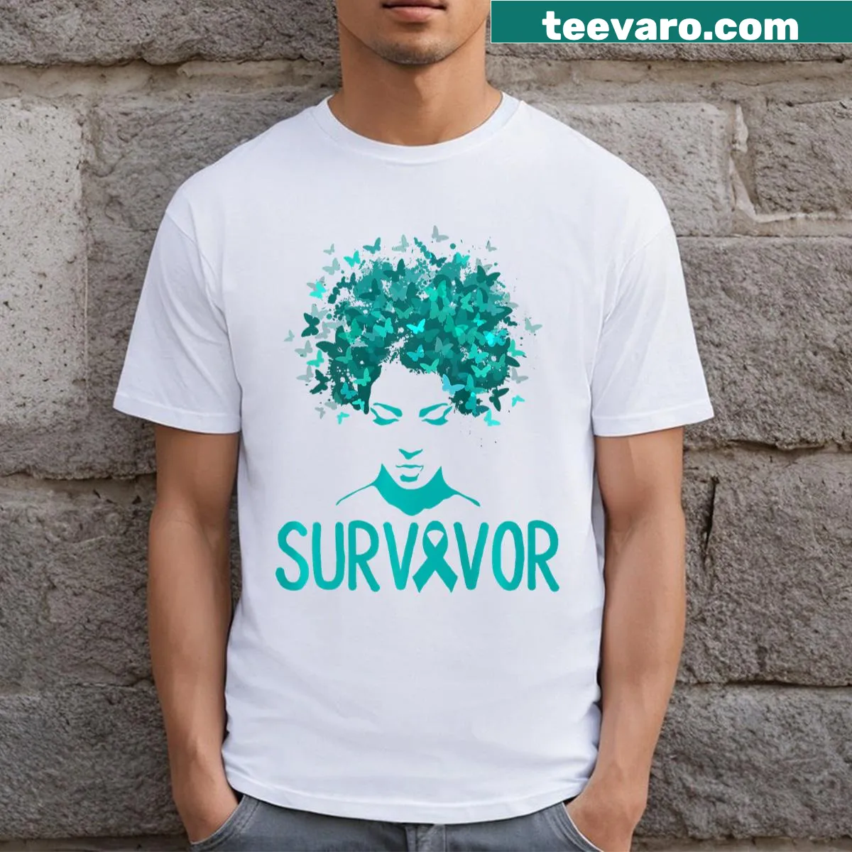 Teal butterflies illustration on a survivor awareness t-shirt — on a men's t-shirt