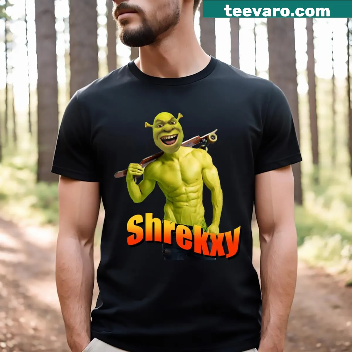 Typography t-shirt referencing Shrek memes — on a men's t-shirt
