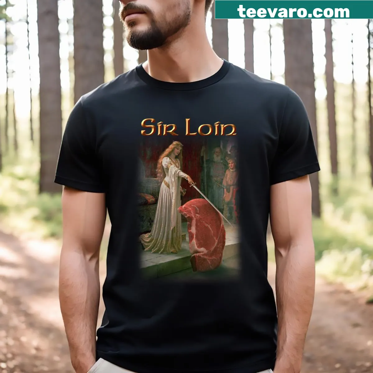 Illustrative T-shirt featuring a steak and the phrase 'Sir Loin' — on a men's t-shirt