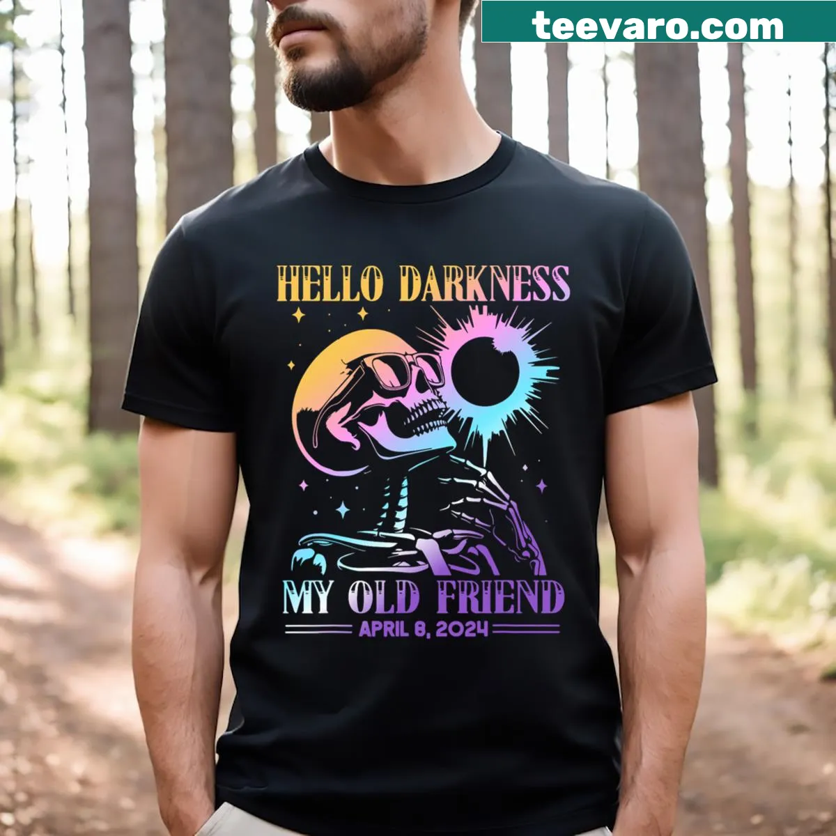 Skeleton graphic with eclipse text on t-shirt — on a men's t-shirt