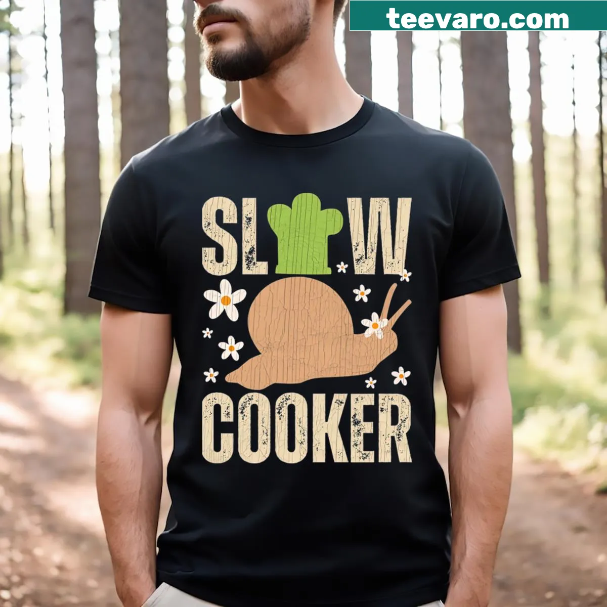 Cute snail chef graphic on a funny Slow Cooker T-shirt — on a men's t-shirt