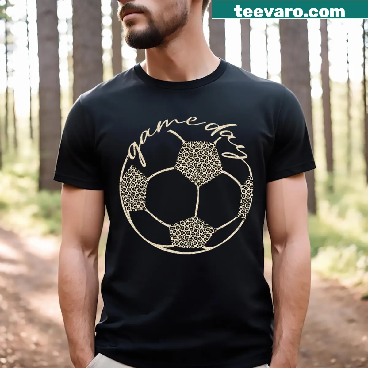 Leopard cheetah print soccer fan T-shirt — on a men's t-shirt