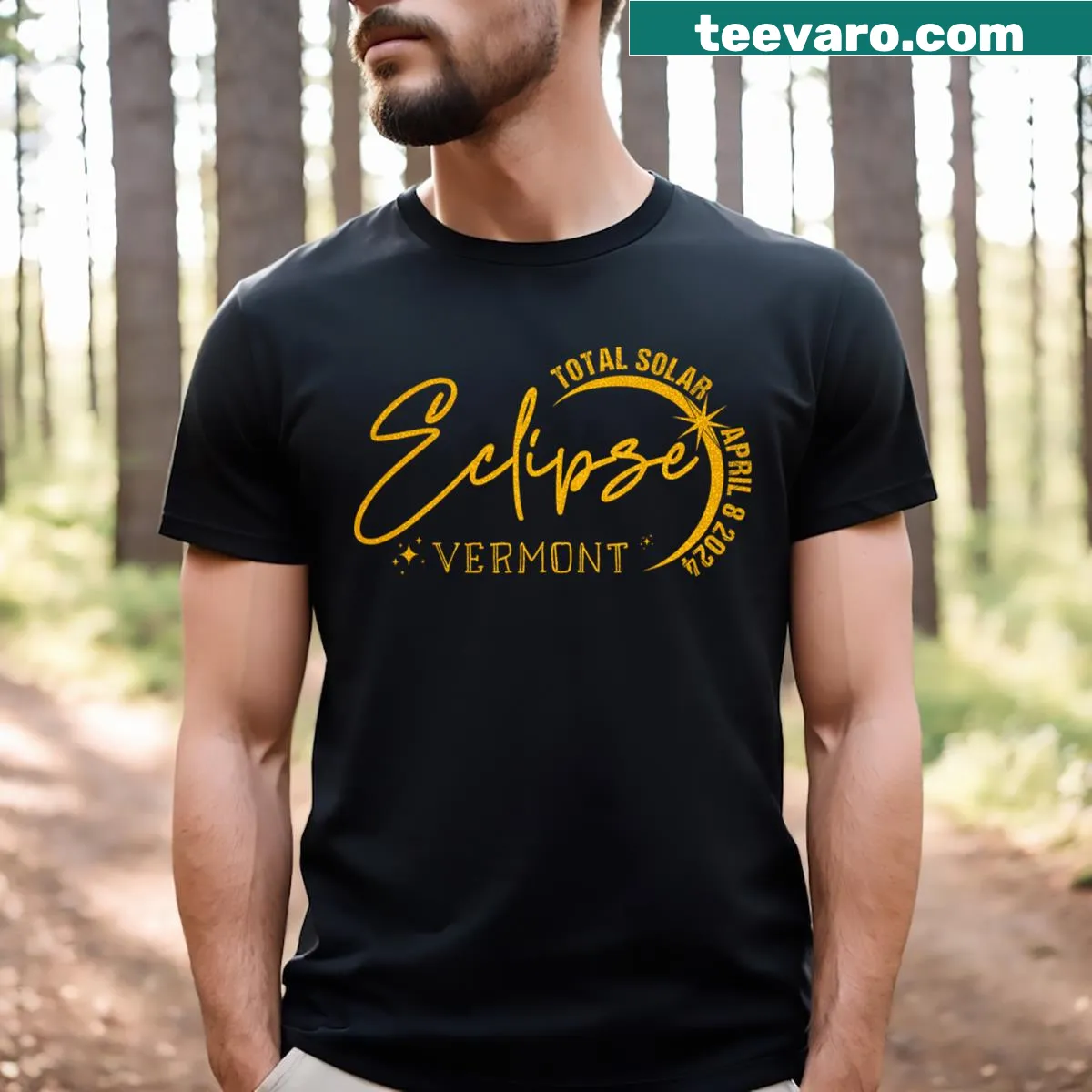 T-shirt celebrating the 2024 solar eclipse in Vermont — on a men's t-shirt
