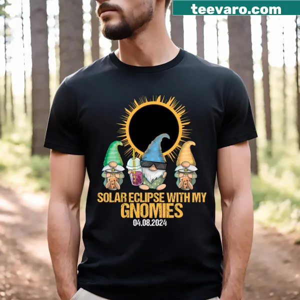 Text 'With My Gnomies 4082024' on a solar eclipse t-shirt