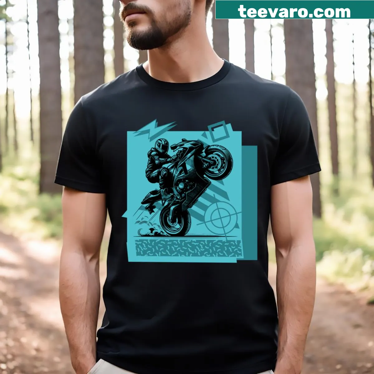 Sportbike performing a wheelie graphic on a T-shirt. — on a men's t-shirt