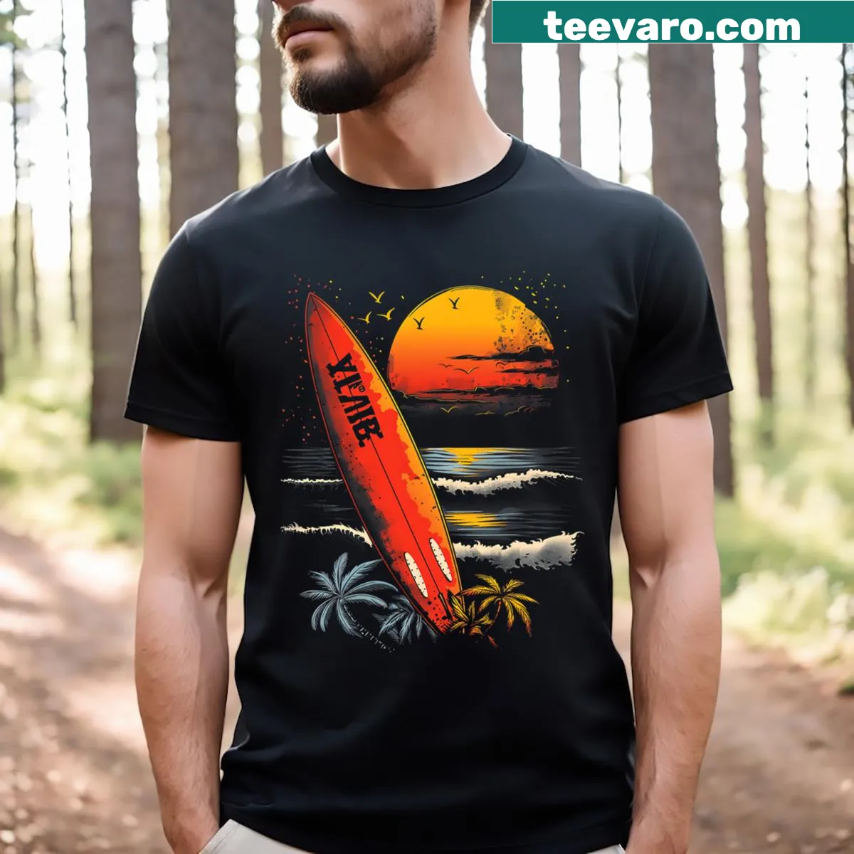 Funny surfing graphic T-shirt with sunset illustration — on a men's t-shirt