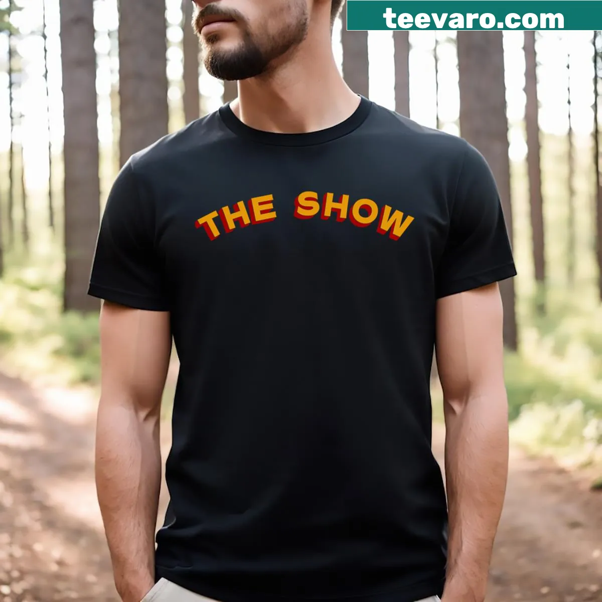 Minimalist t-shirt featuring the word 'Show' in elegant typography — on a men's t-shirt