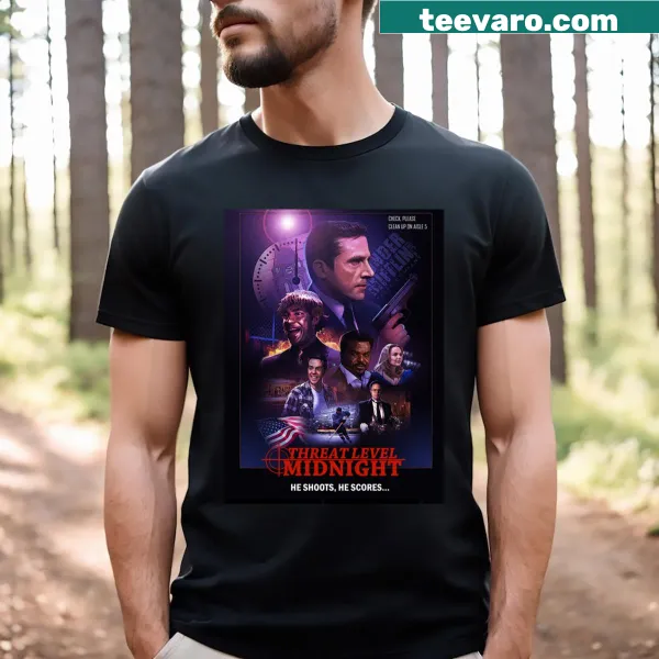 Graphic tee featuring the 'Threat Level Midnight' poster design.