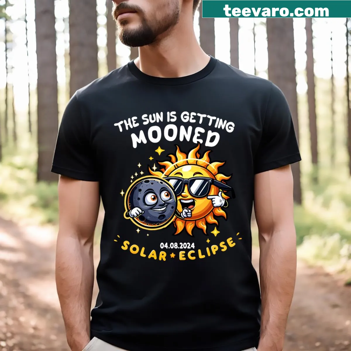 T-shirt featuring an illustration of a sun and moon for the solar eclipse — on a men's t-shirt