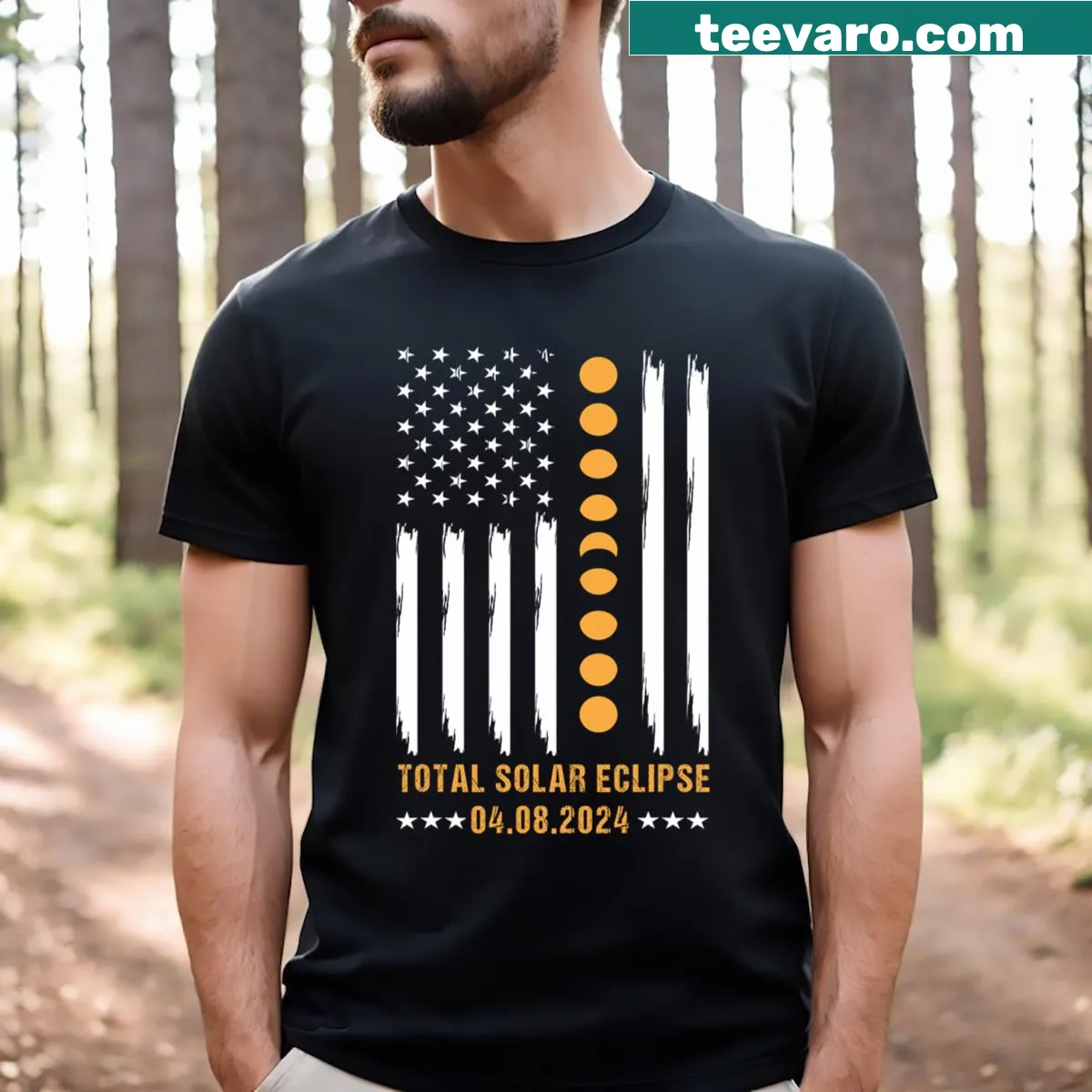 T-shirt featuring USA flag and total solar eclipse graphic for April 8, 2024 — on a men's t-shirt