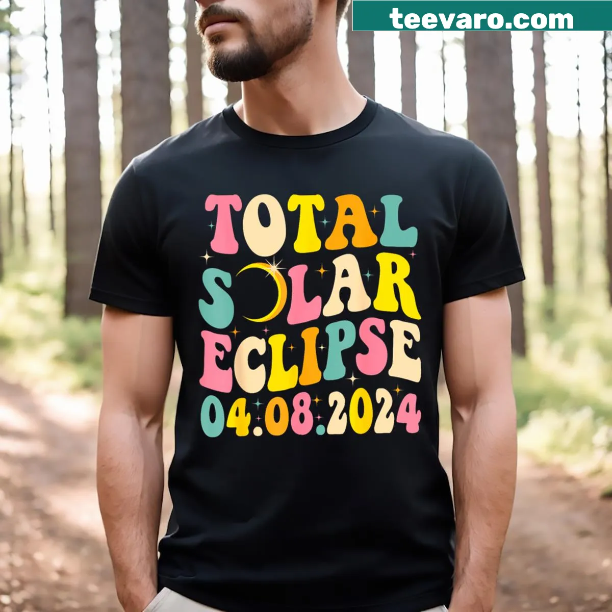 Retro groovy T-shirt featuring a solar eclipse design for kids and men — on a men's t-shirt