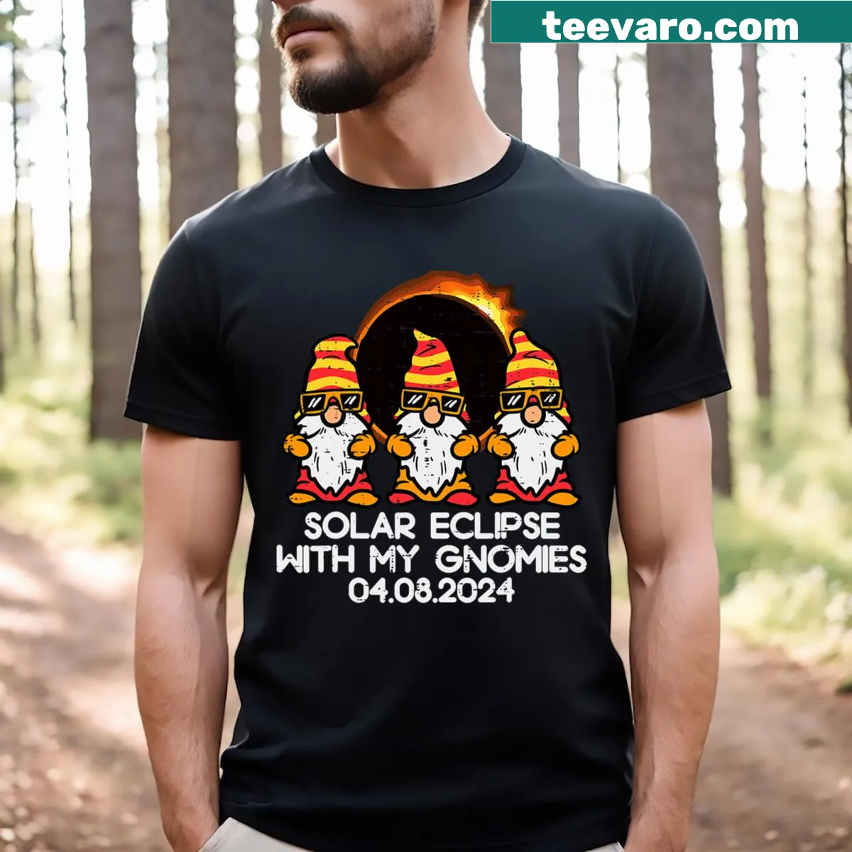 Gnomies enjoying a total solar eclipse illustrated on a T-shirt — on a men's t-shirt