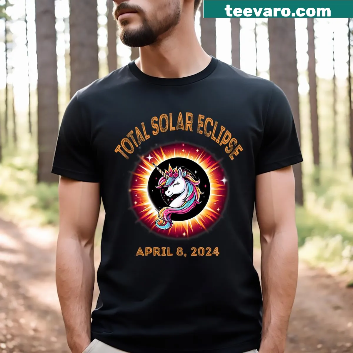 Unicorn graphic on a T-shirt celebrating the 2024 solar eclipse — on a men's t-shirt
