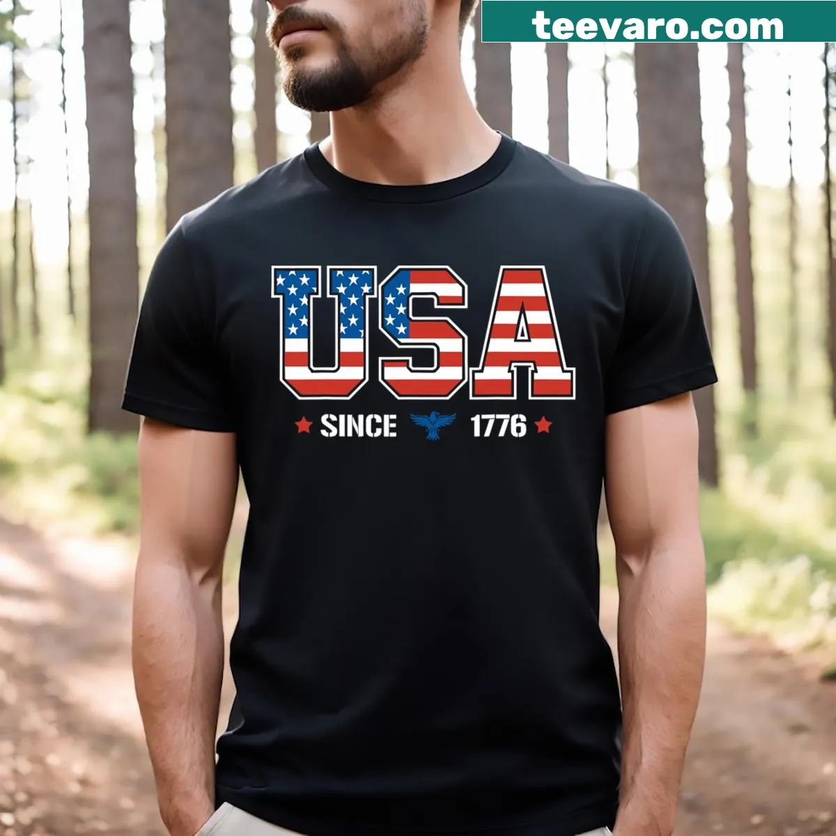 American flag design with 'USA Since 1776' text on a T-shirt — on a men's t-shirt