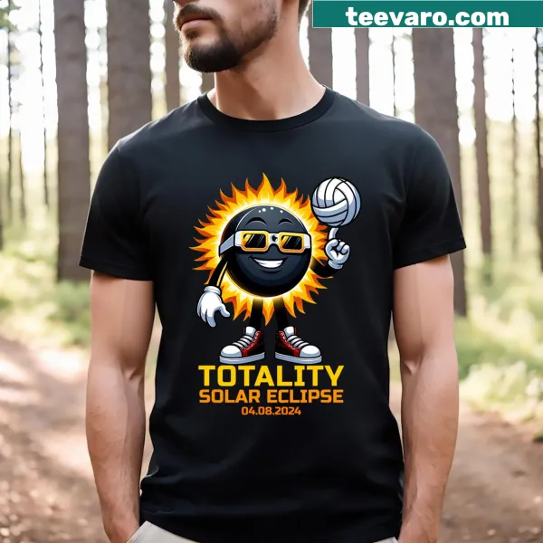 Volleyball-themed T-shirt for kids featuring the 2024 total solar eclipse