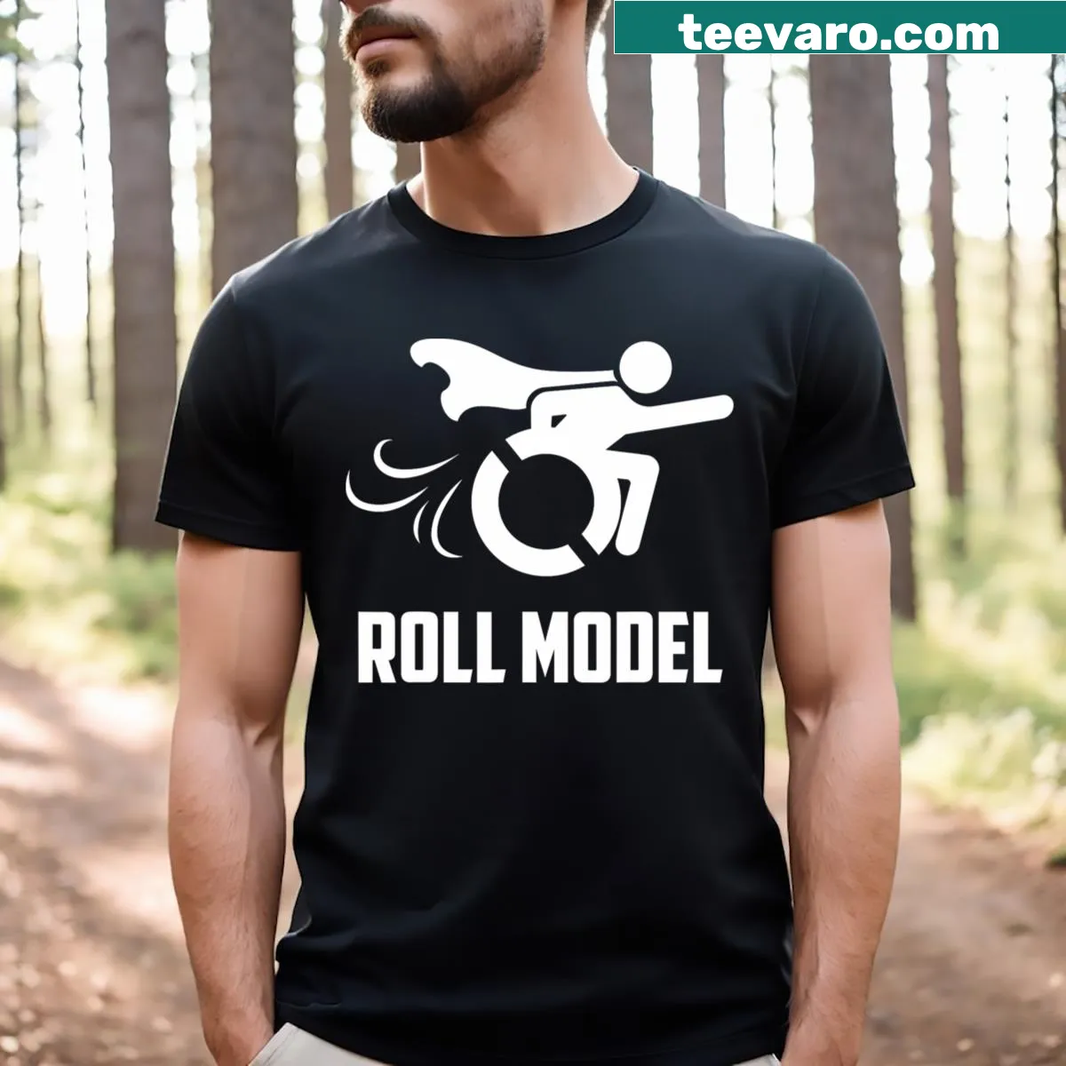 Clever 'Roll Model' wheelchair graphic on T-shirt — on a men's t-shirt