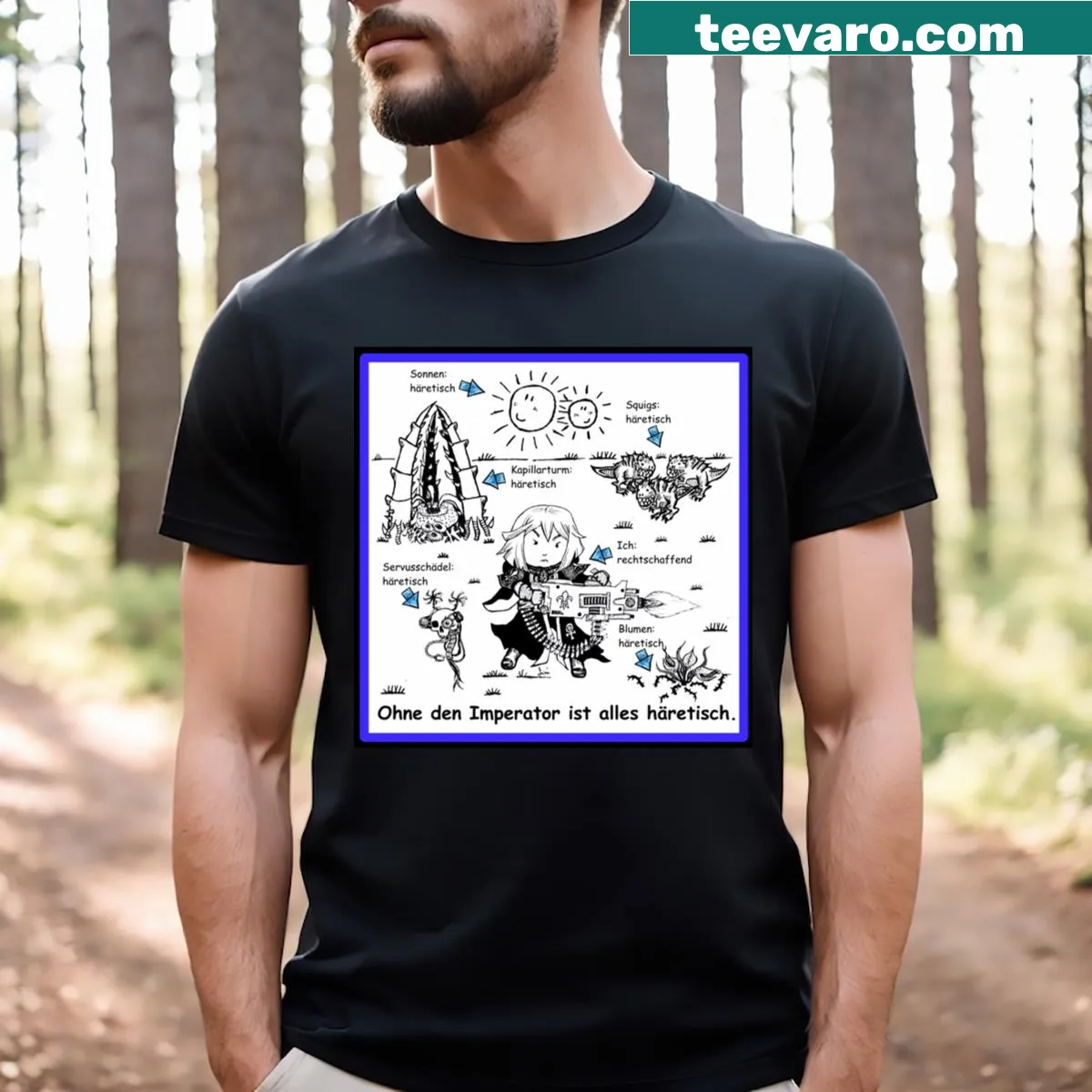 Edgy t-shirt with the phrase Without The Emperor Everything Is Heretical — on a men's t-shirt