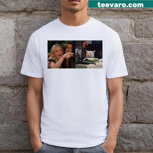 Funny t-shirt featuring the woman yelling at cat meme