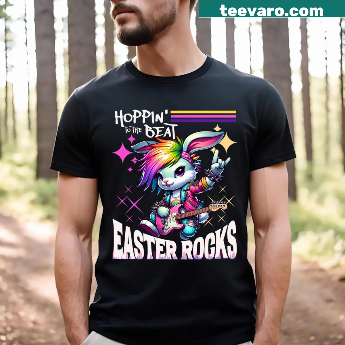 Punk bunny illustration hopping, representing Easter fun in a cute style — on a men's t-shirt