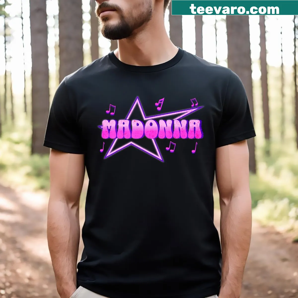 Vintage-style t-shirt featuring the Black Madonna with heart motifs — on a men's t-shirt