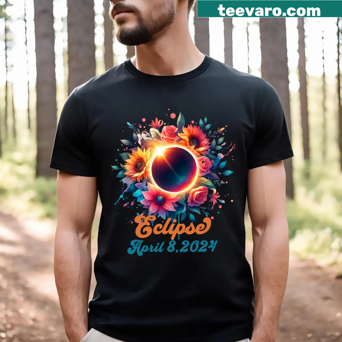 Women's t-shirt featuring a solar eclipse and floral design — on a men's t-shirt