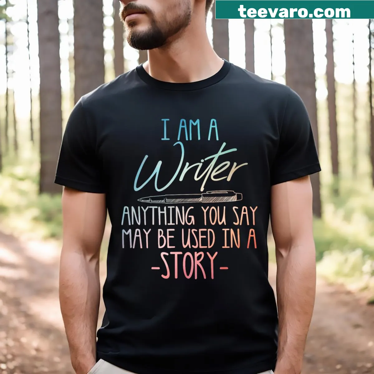 Creative T-shirt for writers featuring writing-themed illustration — on a men's t-shirt