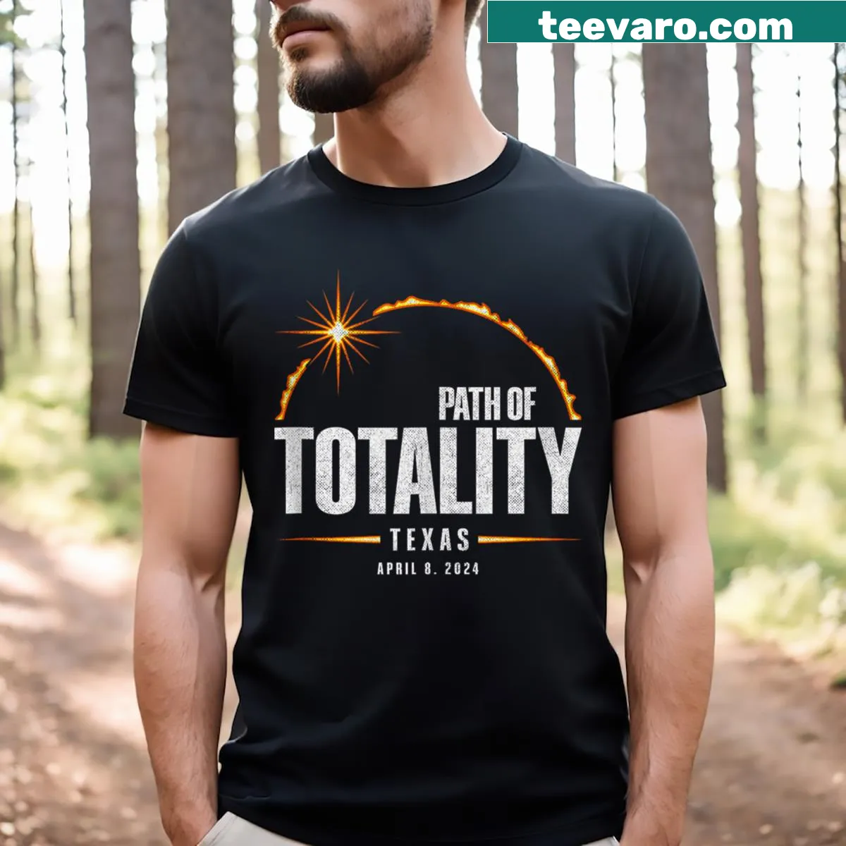 Illustrative tee showcasing the 2024 total solar eclipse and Texas — on a men's t-shirt