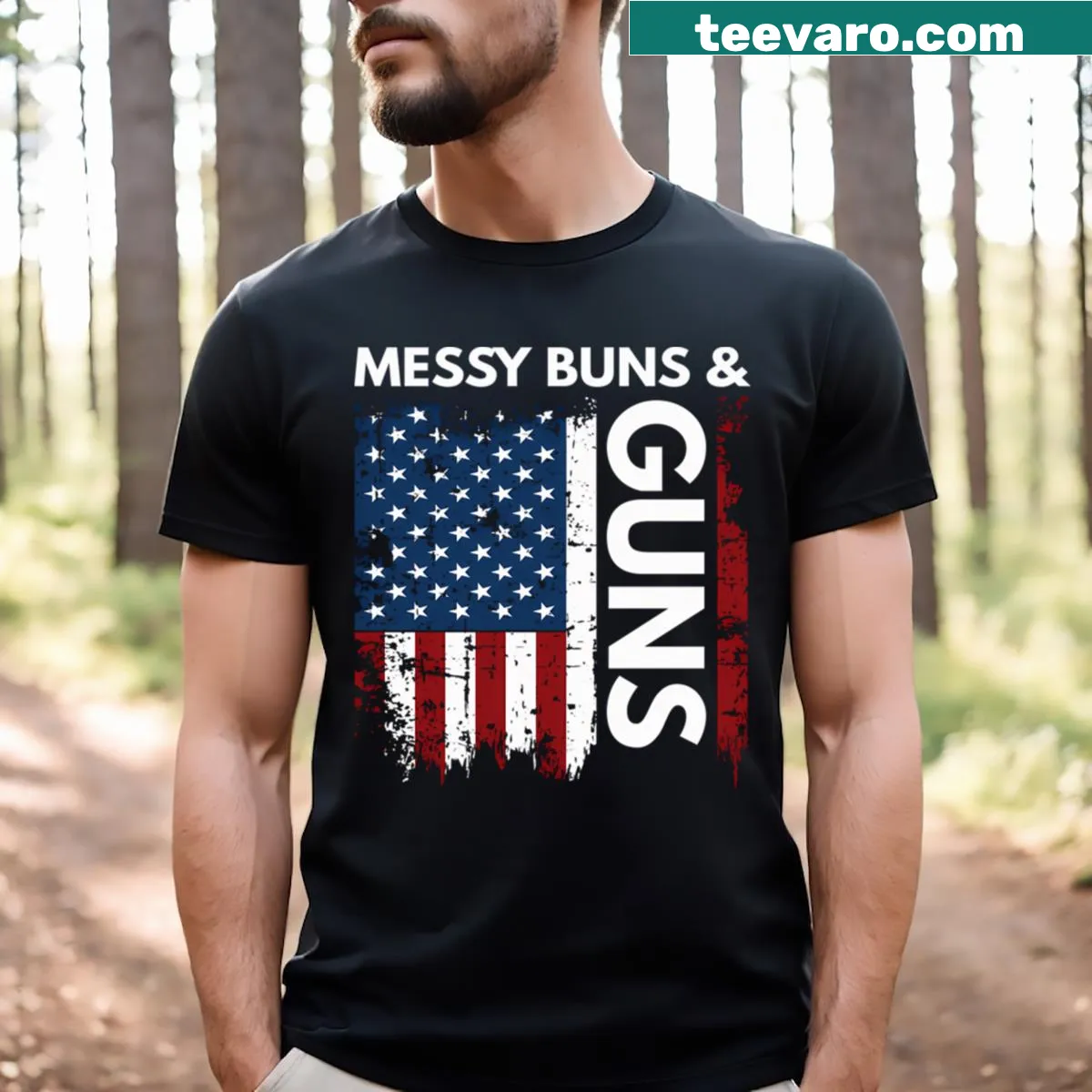 Funny mom t-shirt with humorous 'Gun Hair Don't Care' text — on a men's t-shirt