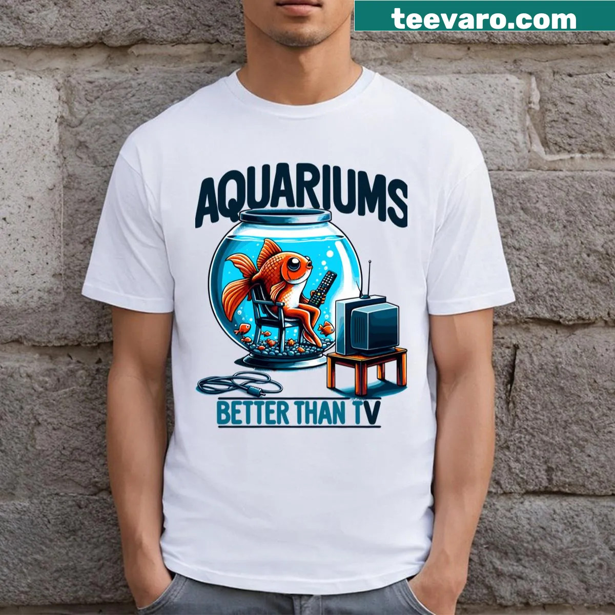 Playful aquarium-themed t-shirt stating 'Aquariums Better Than Television' — on a men's t-shirt