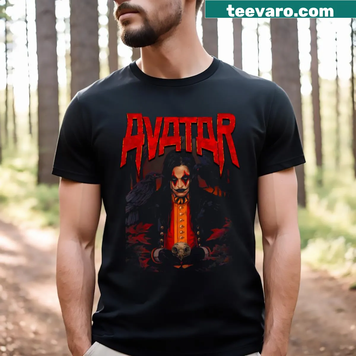 Avatar band-themed t-shirt featuring logo and design elements — on a men's t-shirt