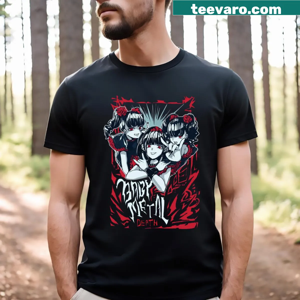 Graphic t-shirt featuring Baby Metal design for music fans — on a men's t-shirt