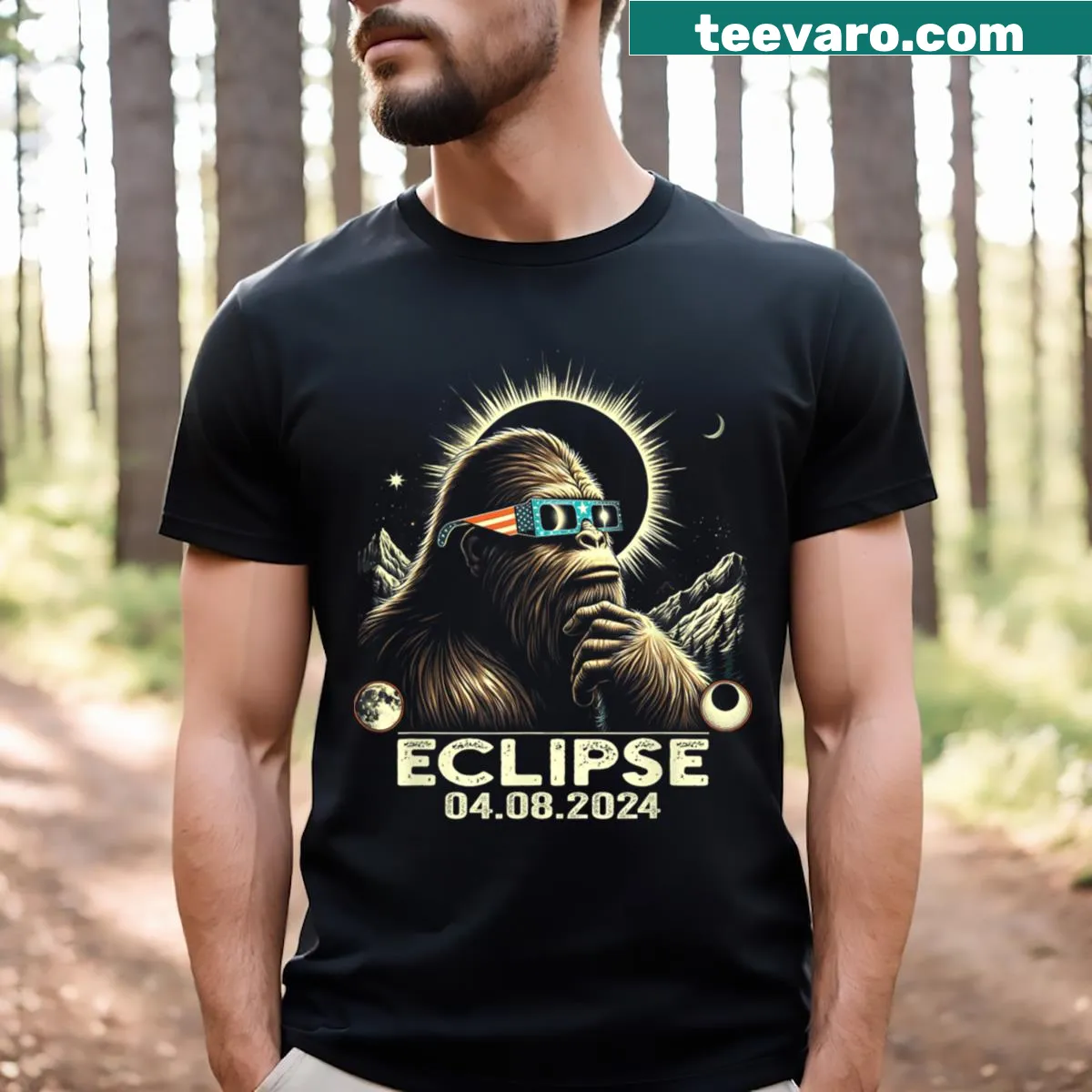 Sasquatch wearing eclipse glasses on T-shirt — on a men's t-shirt