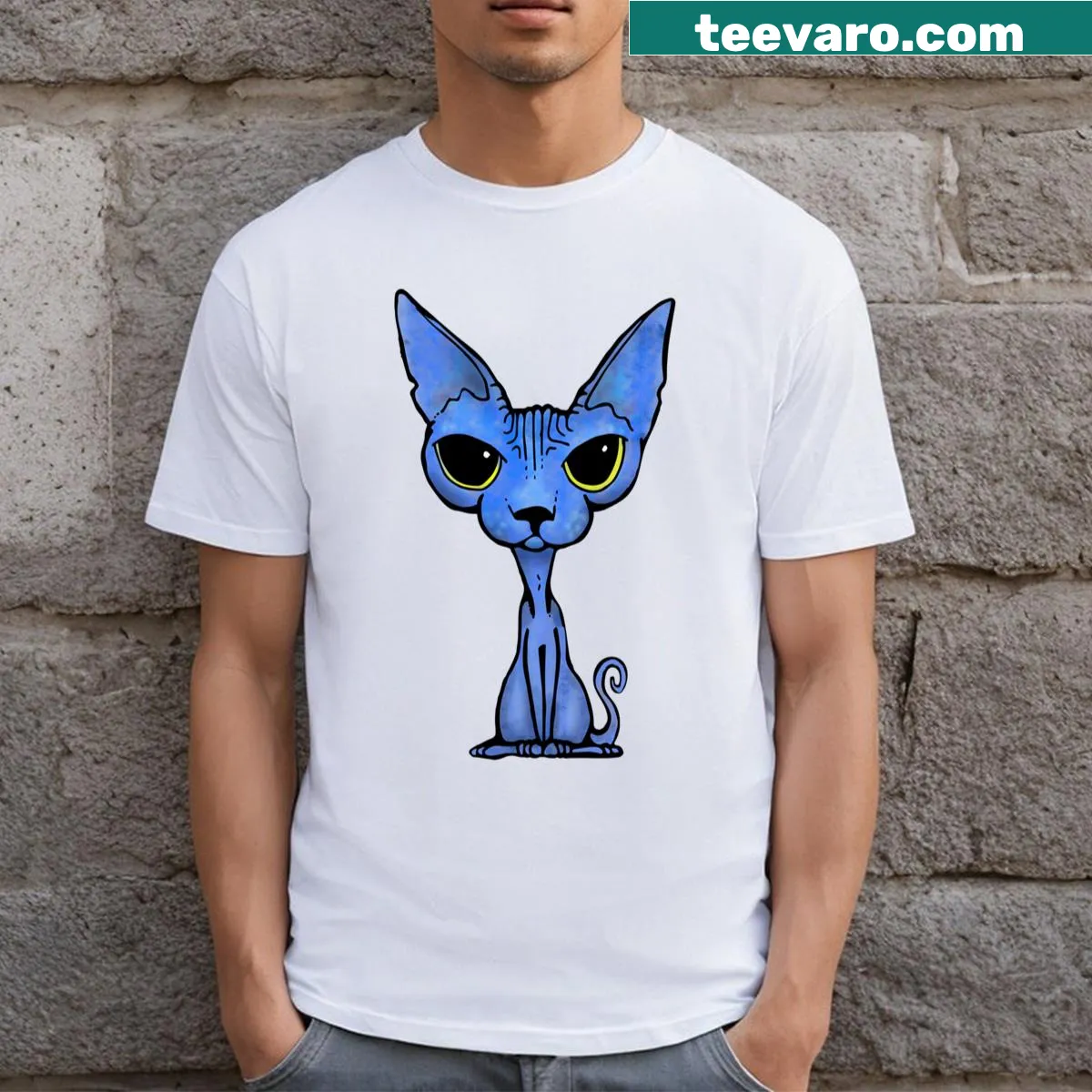 Minimalist silhouette of a Sphynx cat on T-shirt — on a men's t-shirt