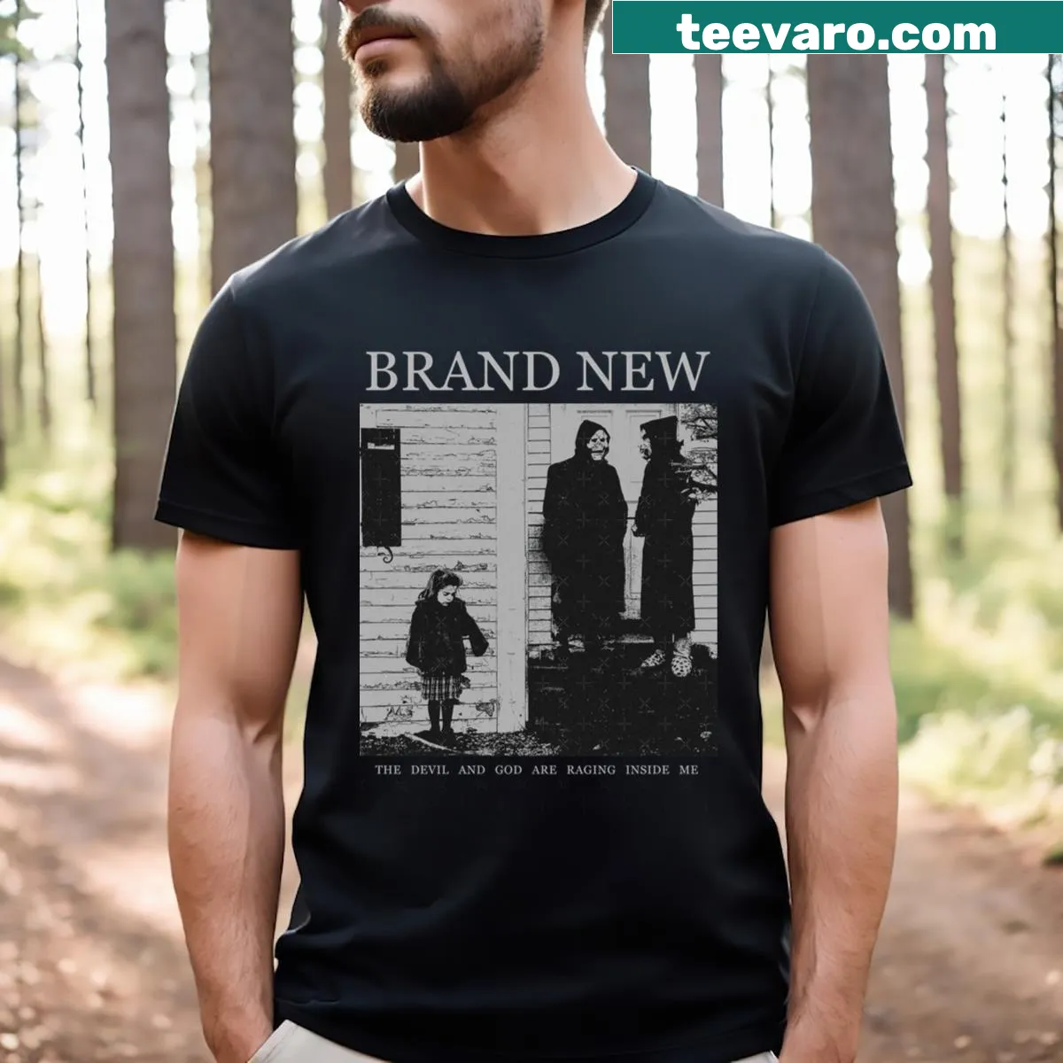 Minimalist typography t-shirt stating 'Brand New' — on a men's t-shirt