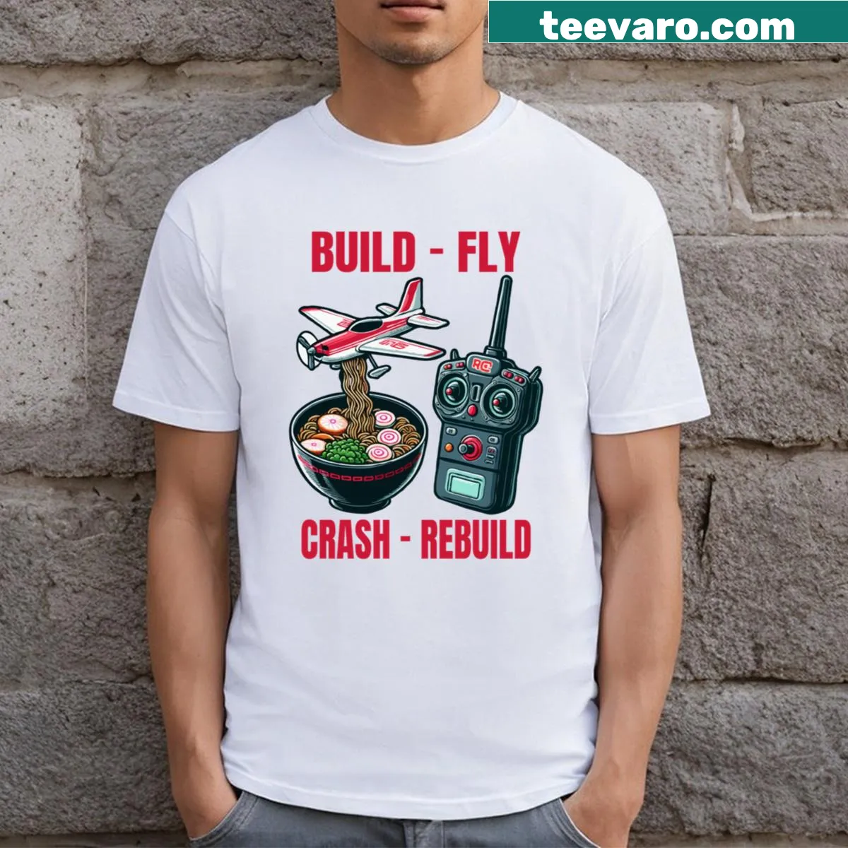 Graphic t-shirt about building and flying RC planes with ramen — on a men's t-shirt