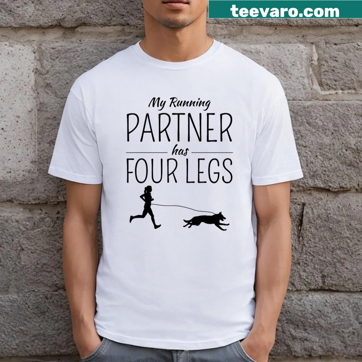 T-shirt featuring a playful design of canicross dog sport — on a men's t-shirt