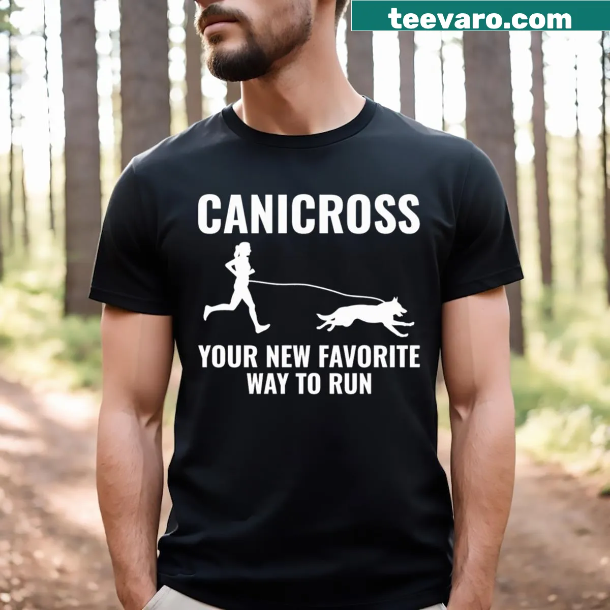T-shirt featuring a graphic about canicross and dog running — on a men's t-shirt