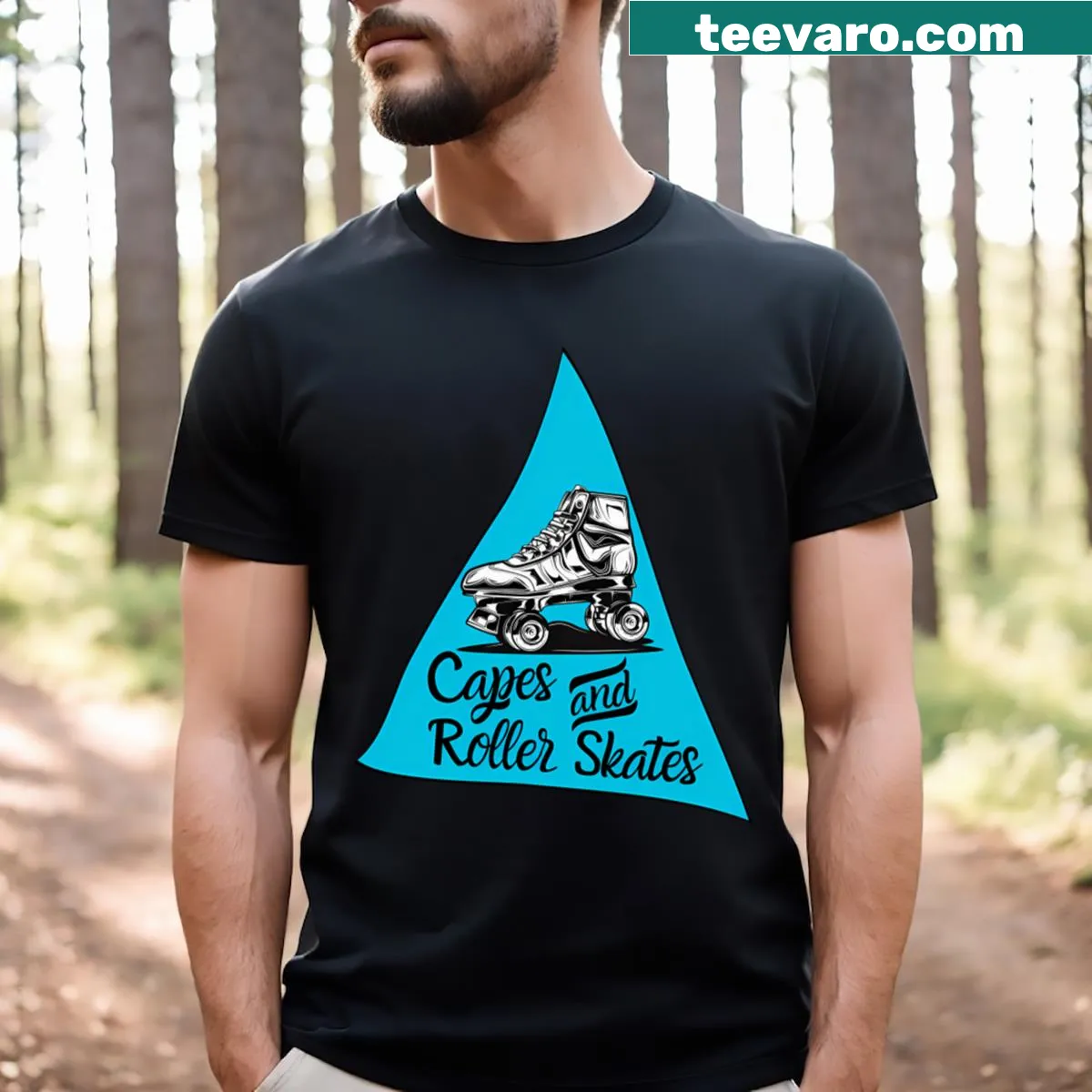 Playful design featuring capes and roller skates on a T-shirt — on a men's t-shirt