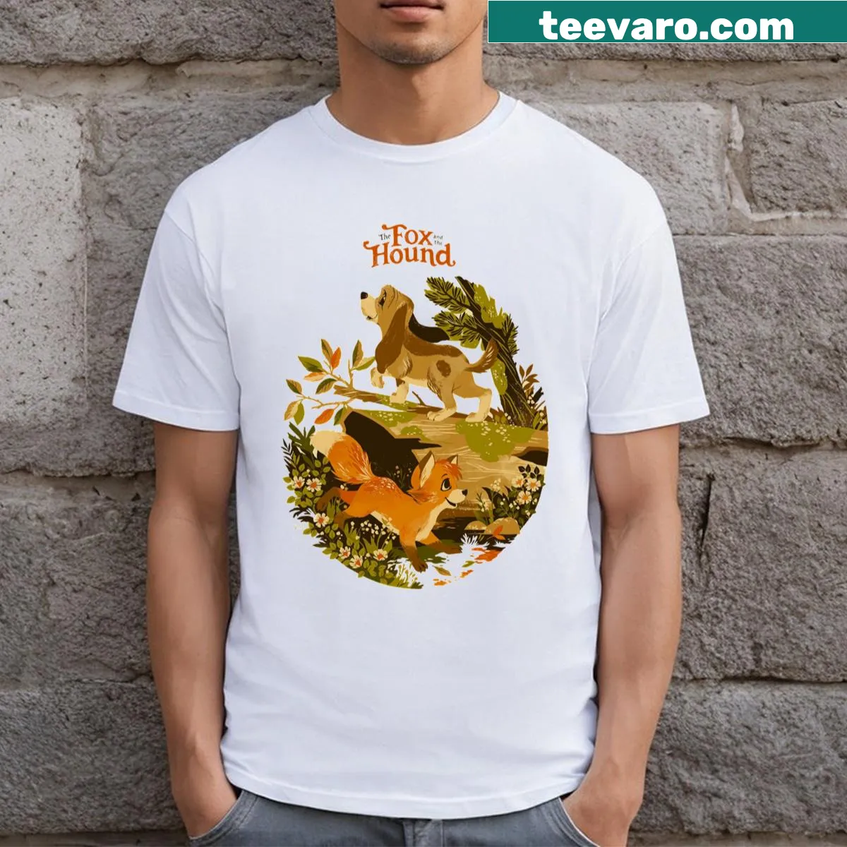 Adorable cartoon fox and hound illustration on a T-shirt — on a men's t-shirt