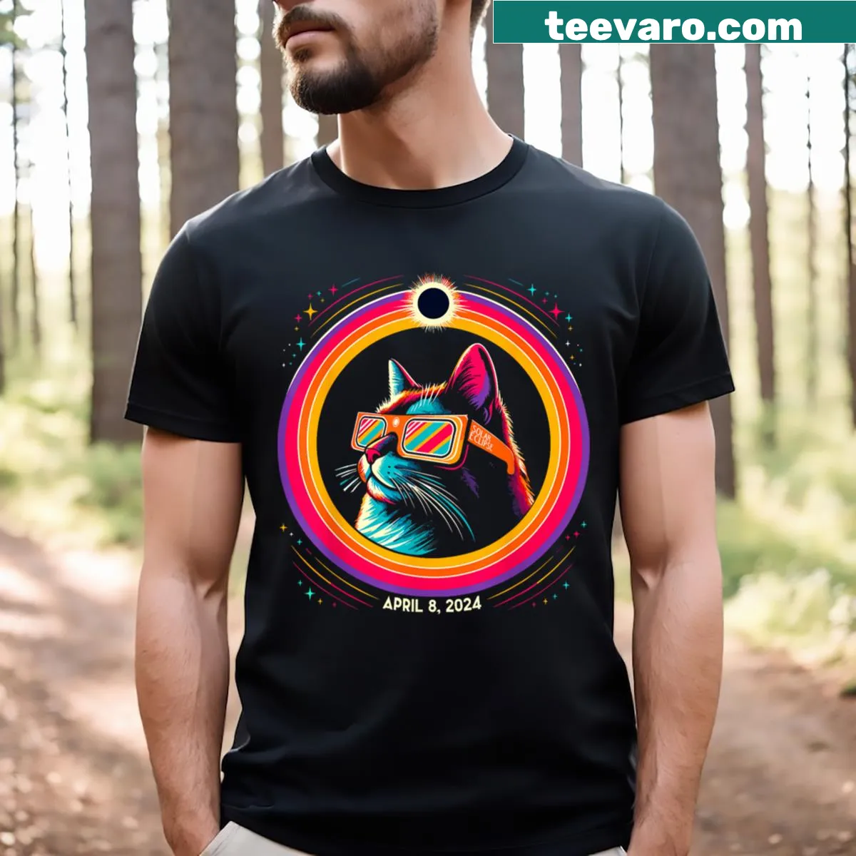 T-shirt featuring a cat wearing eclipse glasses for the 2024 solar eclipse — on a men's t-shirt