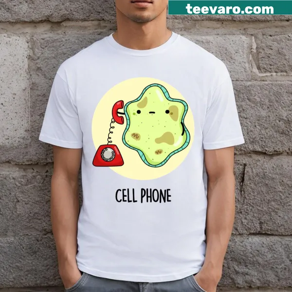 Funny biology-themed T-shirt with cell phone and science puns