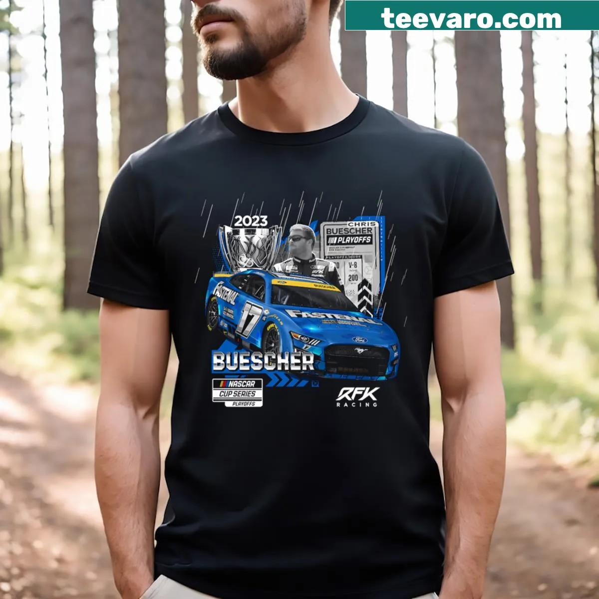 T-shirt featuring Chris Buescher and Fastenal logo for race fans — on a men's t-shirt