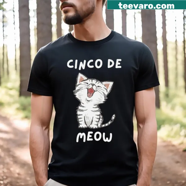 Cinco De Meow t-shirt with cat-themed festive design