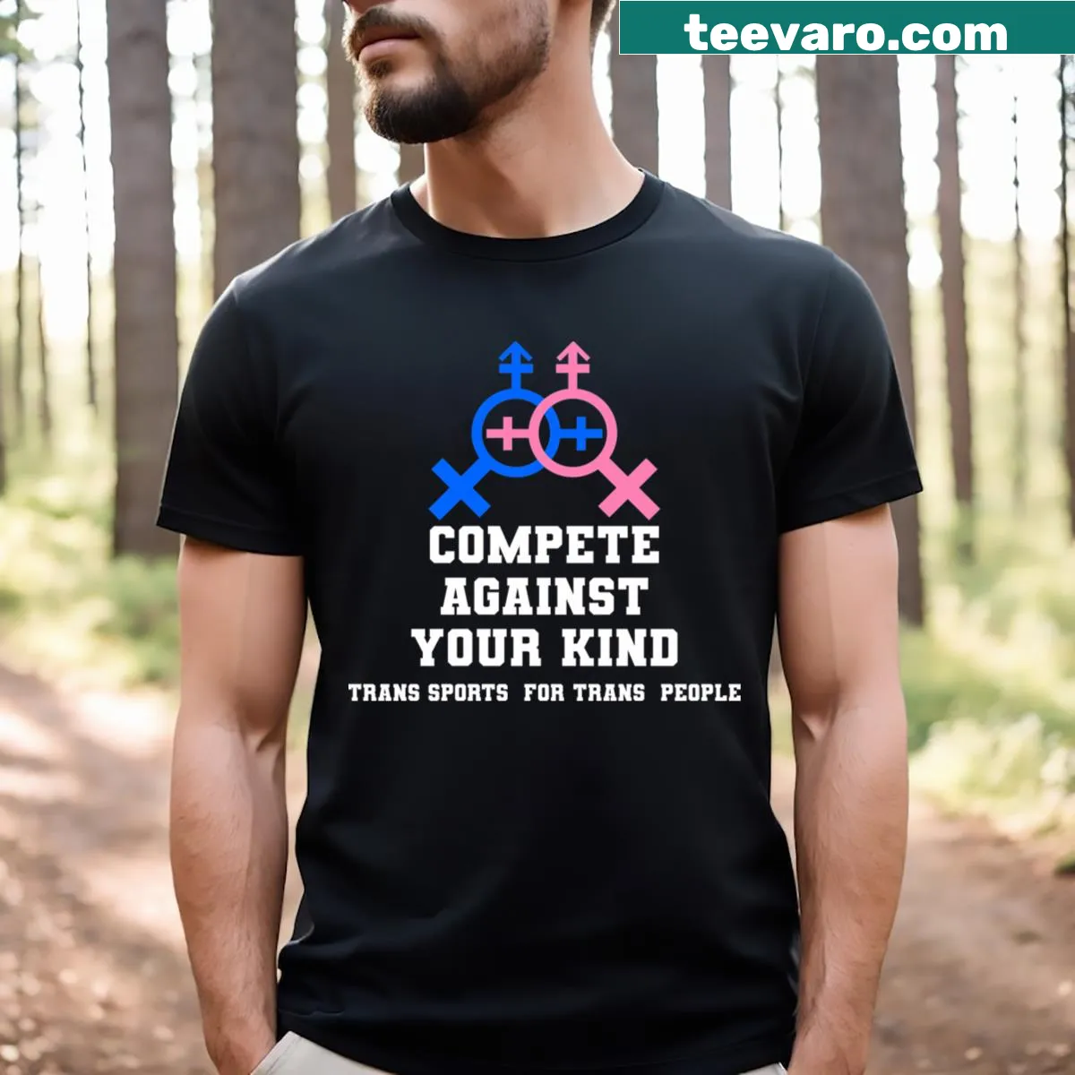 Typography design celebrating trans athletes in sports — on a men's t-shirt