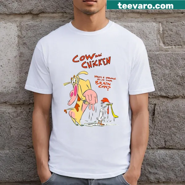 Illustrated T-shirt featuring a playful cow and chicken design
