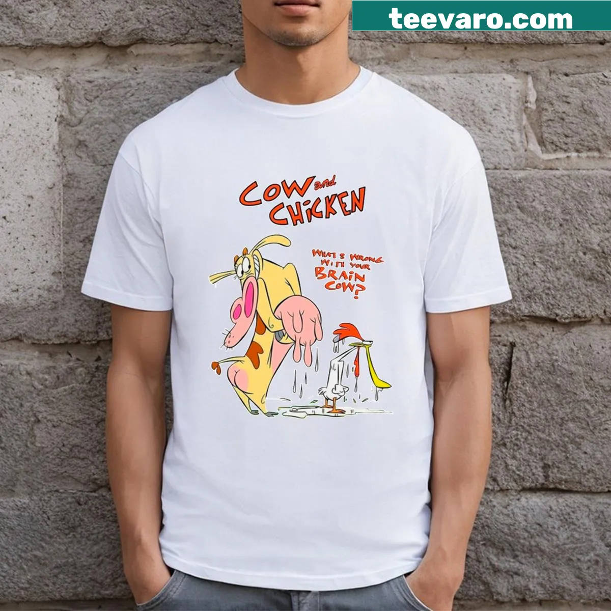 Illustrated T-shirt featuring a playful cow and chicken design — on a men's t-shirt