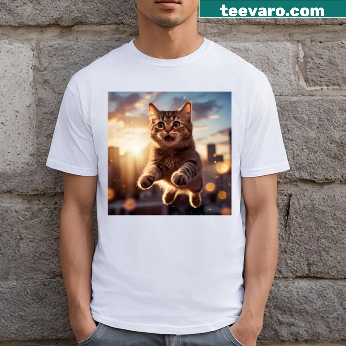 Cute kitty illustration against San Francisco landmarks — on a men's t-shirt