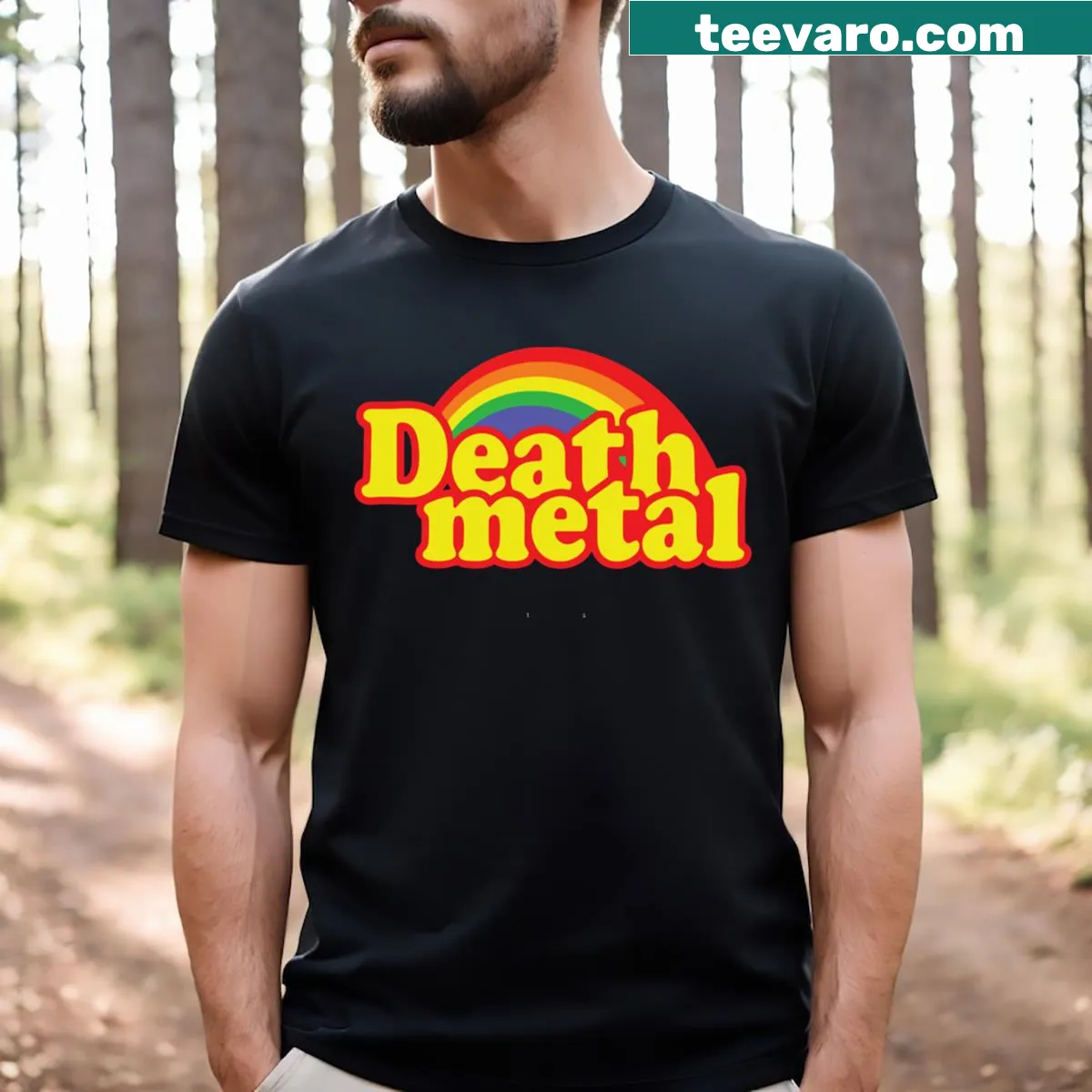 Humorous death metal parody t-shirt with playful illustration — on a men's t-shirt