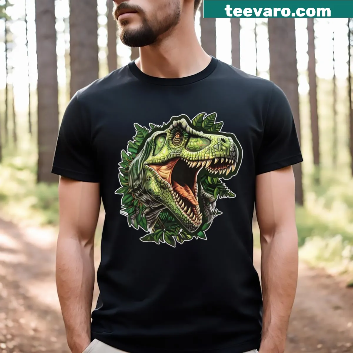 Cute T-shirt featuring a friendly cartoon dinosaur graphic — on a men's t-shirt